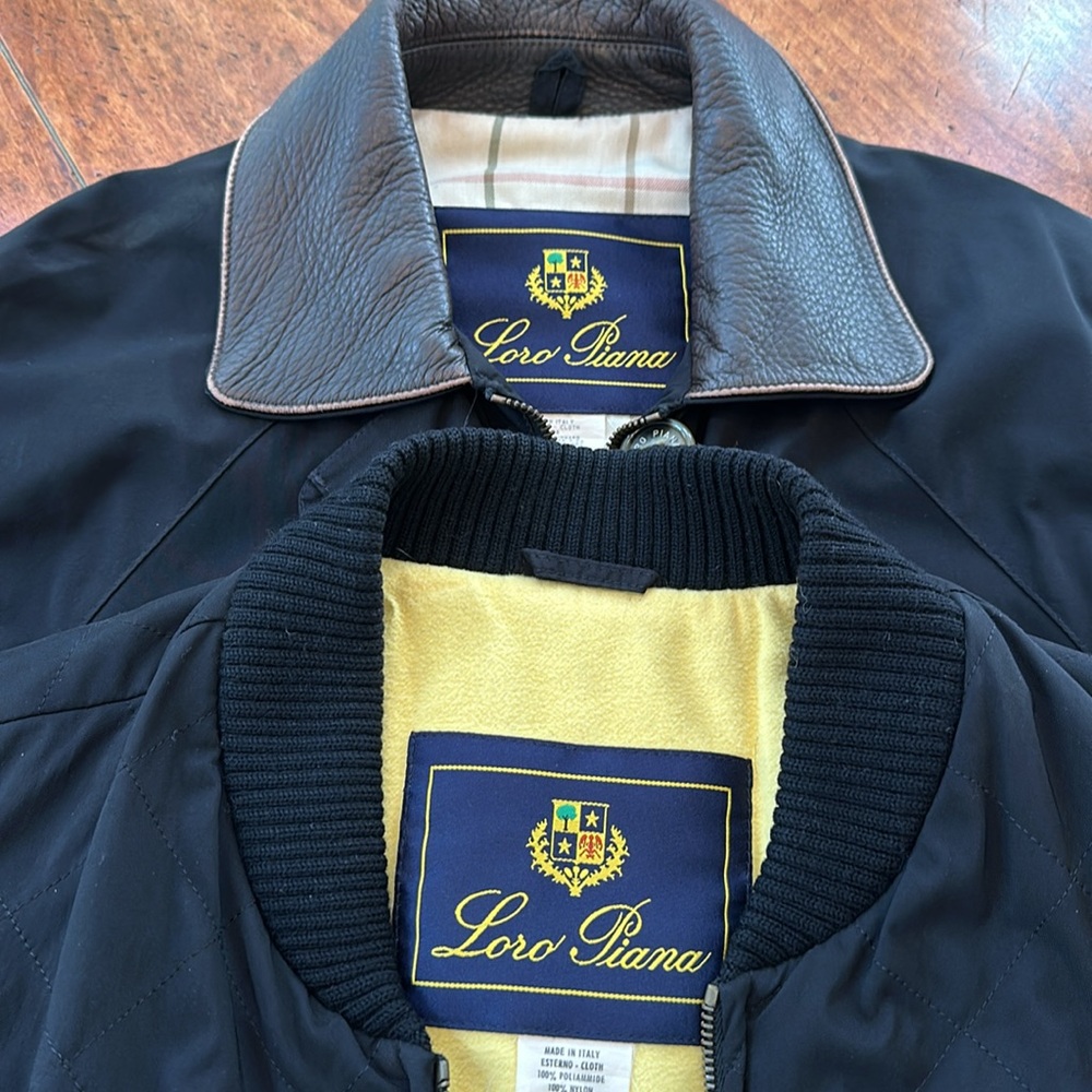 Loro Piana navy blue barn coat with leather collar and matching cashmere vest.